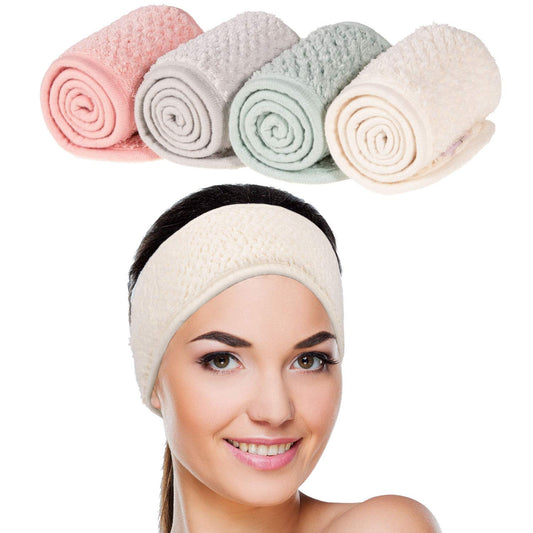 4 Pack Spa Facial Headband Makeup Hair Wrap Adjustable Hair Band Soft Towel Head Band for Face Washing, Shower Sports Yoga (Pea Green, Pink, Beige, Light Gray)