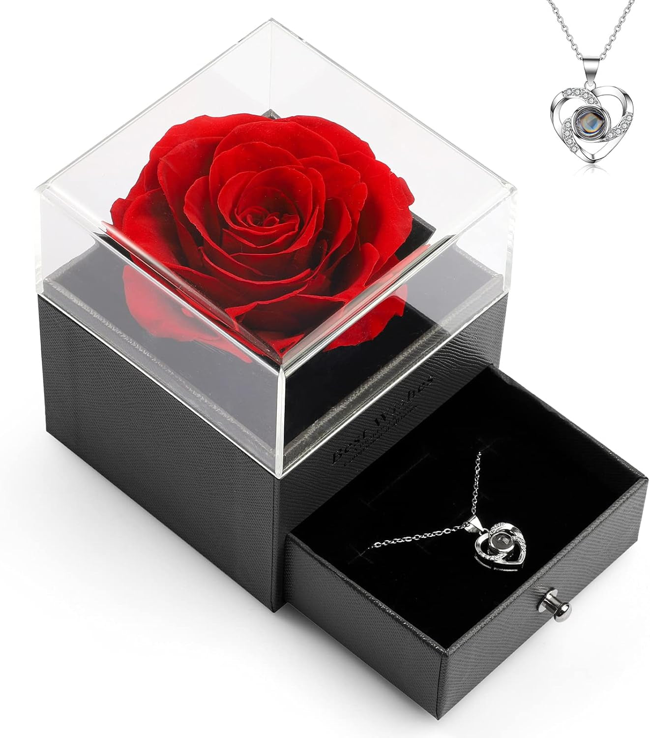 Preserved Real Rose with Heart Necklace and Greeting Card