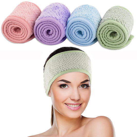 4 Pack Spa Facial Headband Makeup Hair Wrap Adjustable Hair Band Soft Towel Head Band for Face Washing, Shower Sports Yoga (Pea Green, Pink, Beige, Light Gray)